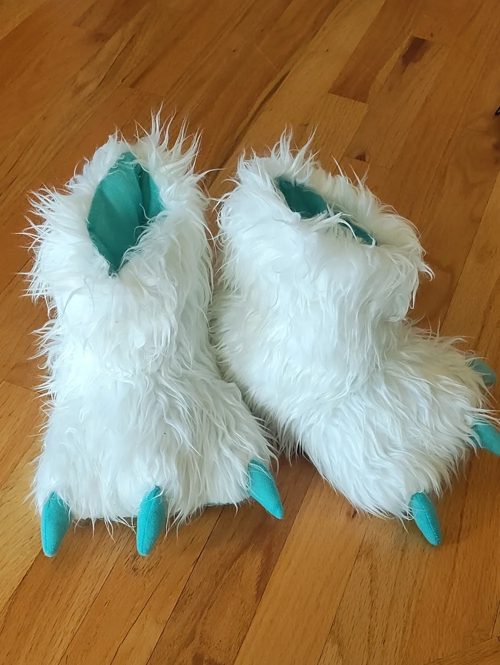 Kids White Furry Monster Slippers with Teal Claws